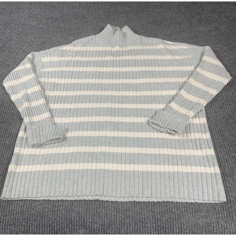 Loft Sweater Womens Large Blue White Striped Ribbed Mock Neck Oversized‎ Stretch